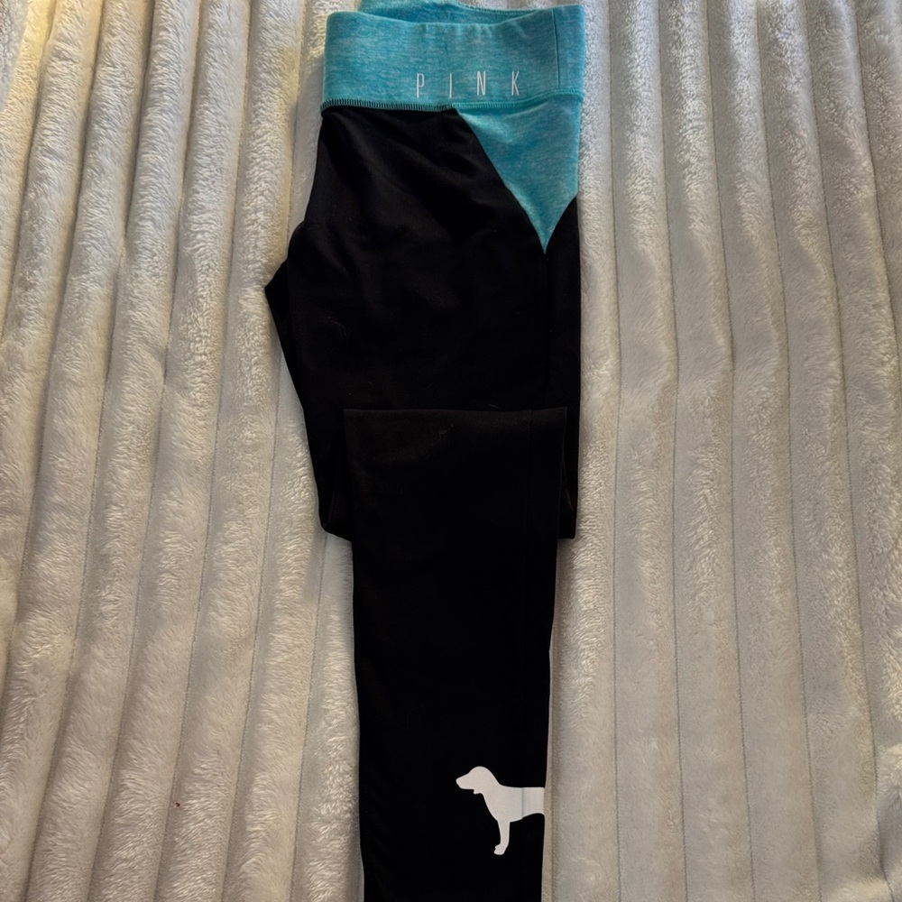 PINK Victoria's Secret Black and Teal Leggings with Logo